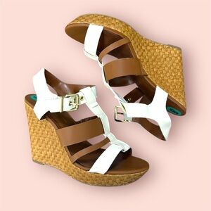 Jessica Simpson Casie White and Tan Wedge Sandals